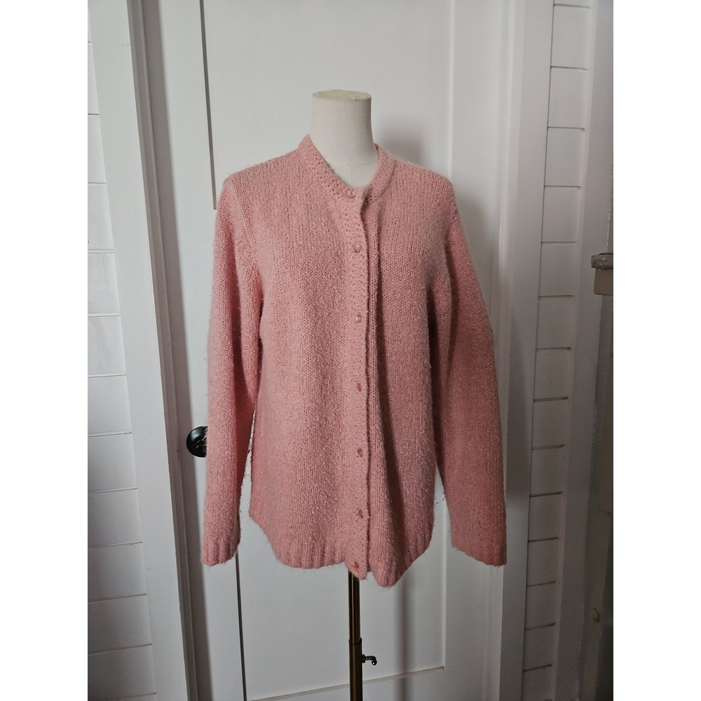 Vtg National Brand Pink Knit Cardigan Sweater Size L Button Front 80 90s Acrylic